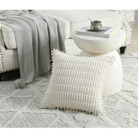 NordECO HOME Pack of 2 Soft Corduroy Cushion Covers 45x45 cm Boho Pompoms Cushions Decorative Christmas Pillows Throw Pillowcase for Sofa Decor, Cream White 18x18 inch