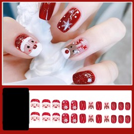 24 Pcs Christmas Press on Nails Medium with Cute Elk Designs Full Cover Christmas Fake Nails Red Glitter Christmas Acrylic Nails Xmas Glue on Nails for Women DIY Christmas Nail Decorations