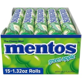 Mentos Chewy Mint Candy Roll, Green Apple,  Non Melting, 1.32 ounce (Pack of 15)