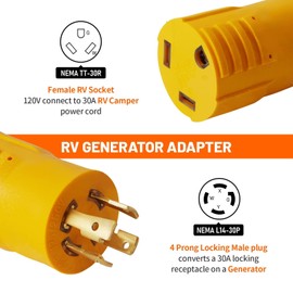 MECMO NEMA L14-30P to TT-30R 30 Amp RV Generator Adapter, 4 Prong Locking 120/240V L14-30P Generator Plug to TT-30R 30A RV Outlet, Transfer Switch Ready Portable Generator Power Adaptor w/ ETL Listed