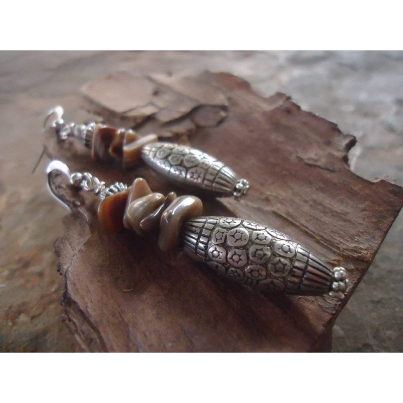 GRAU-BRAUNE BOHO BALI STIL & STEIN EINZIGARTIGE OHRRINGE