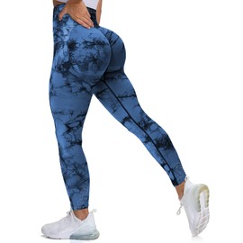 MOHUACHI High Waisted Leggings for Women Tummy Control Butt Lifting Yoga Pants Workout Compression Tights ((#3) Tie Dye Black Blue, Large)