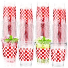 Tiangrid 100 Pcs 16 oz Red and White Checkered Plastic Cups Bulk Disposable Buffalo Plaid Plastic Cups Red and White Check Party Container Decorative Holiday Party Container for Birthday Supplies