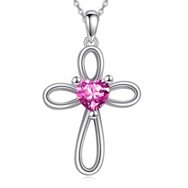 VONALA Cross Necklaces 925 Sterling Silver October Tourmaline Birthstone Heart Cross Pendant Necklace Religious Christian Baptism Jewelry First Communion Day Gifts for Women