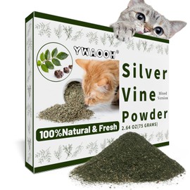 YWAOOH Cat Toys - Blend Silvervine Powder 75g with 5 Pouches, Catnip Alternative, 100% Natural Silver Vine Gall Fruit Powder & Silvervine Leaves, Suitable for All Cat Ages