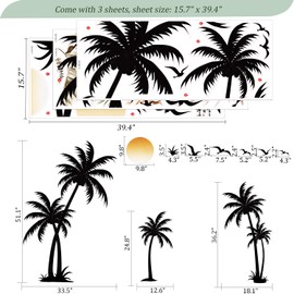 Boho Palm Tree Wall Decals Peel and Stick, Large Sunset Tropical Plants Wall Stickers, Removable Seagull Birds Home Decor Art for Bedroom Living Room Classroom Office, Black