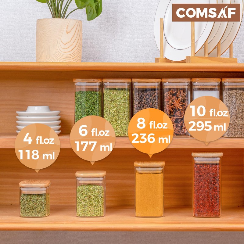 ComSaf 12Pcs Glass Spice Jars with Bamboo Lid, 8oz Airtight