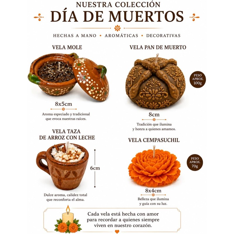 Paquete para altar de muertos 6 velas artesanales cempasuchil, arriz