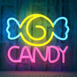 Candy Neon Sign, Candy Store Sign for Wall Decor, Neon Lights for Workshop, Candy Dispenser Business Signs Suitable for Man Cave Bar Pub Restaurant Christmas Gift Art - 5V Power Adapter with Hanging Chain Hooks (CANDY)