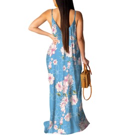 Women's Casual Summer Floral Maxi Dresses Bohemian Floral Print Loose Dresses Blueflower 2XL