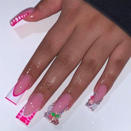 French Tip Press on Nails Medium Duck Bill Shape Fake Nails Rhinestones Flower Glue on Nails Press ons Glossy False Nails Acrylic Artificial Glossy Stick on Nails for Women Girls 24 Pcs