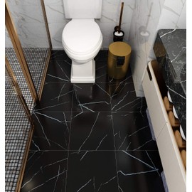 Livelynine Black Peel and Stick Floor Tile 32-Pack 12x12 Black and White Marble Vinyl Flooring for Kitchen Basement Bathroom Floor Tiles Peel and Stick Waterproof Self Adhesive Laminate Flooring