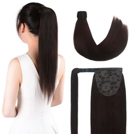 16 Inch Human Hair Ponytail 80g Long Wrap Around Ponytail Dark Brown Real Hair Ponytail Extension for Women(16inch,Dark Brown)