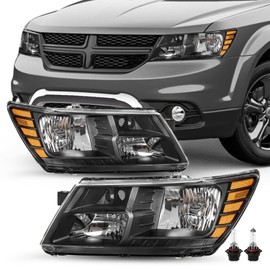 SOCKIR Headlight Assembly Fit for 2009-2020 Dodge Journey Headlamp Replacement Black Housing with Amber Reflector Bulbs Included
