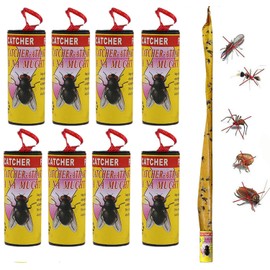 Fly Paper, Flies Strips Hanging, Sticky Flying Ribbons Indoor Outdoor, Fly Catcher for Flies, Mosquito, Gnats, Moths, Flying Insects, Flies Traps Used in House, Kitchen, Bullpen, Stable, Pasture (8)