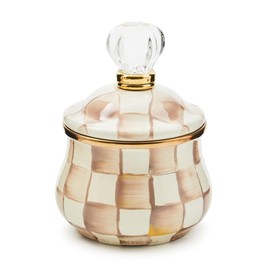 MACKENZIE-CHILDS Enamel Lidded Sugar Bowl, Small Serving Bowl with Lid, 10-Ounce Capacity, Brown-and-White Mocha Check