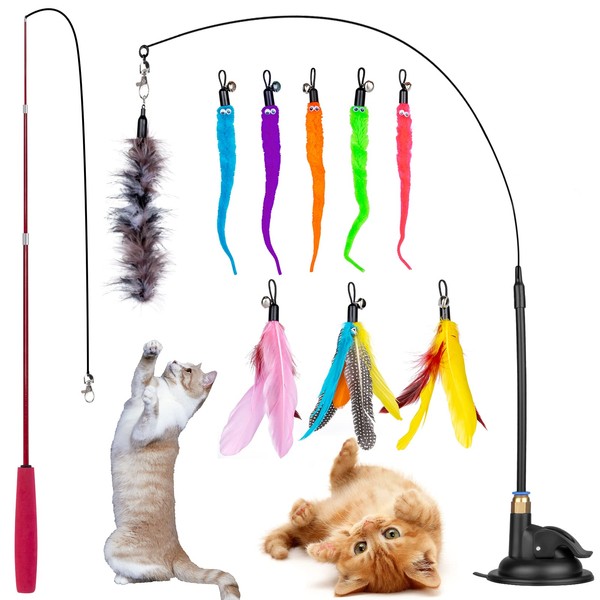 Oziral Cat Toy, Suction Cup Type + Fishing Rod, Cat Toy, Automatic Rotation, Relieves Lack of Exercise, Stress Relief, Birds, Caterpillars, Natural Feathers, 8 Replacement Toys, Feather Toy, Kittens, Cat Play Supplies, Pet Supplies (Set of 12)