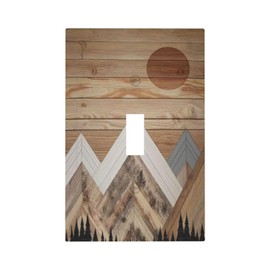 Wooden Planks Mosaic Snow Mountain Sun Decorative Light Switch Cover 1 Gang Single Toggle Device Electrical Faceplate Switchplates Decorator Outlet Wall Plate for Farmhouse Home Decor