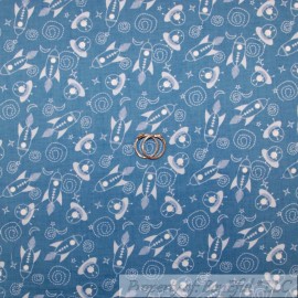 Clothworks BonEful FABRIC FQ Cotton Quilt Blue Tone Baby Boy Space Alien Rocket Sky Moon US