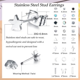KALVICA 24 Pairs Small Stud Earrings for Women Girls Stainless Steel Earrings Set Tragus Helix Cartilage Earrings Piercing Hypoallergenic Zirconia Butterfly Geometric Silver Stud Earrings Set,