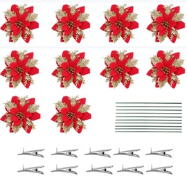 LTGICH 10 Pcs Christmas Artificial Flowers Gold Glitter Poinsettia Flowers Artificial for Christmas Tree Decorations, Xmas Holiday Party Wreath Garlands Restaurant Flower Decorations (5.5inch)