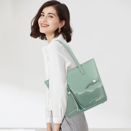 Pomelo Bes Natural Scenery Printing Satchel Handsbag, PU Leather Tote Bag for Women, Stylish Large Capacity Shoulder Bags for Daily Use & Work, Light Green