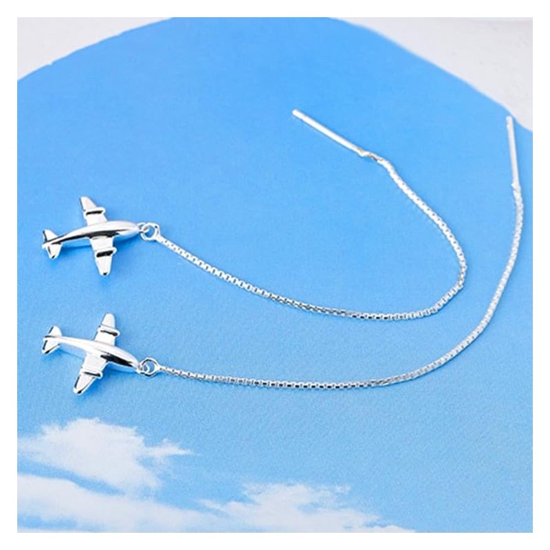 Rockyu Women's 925 Silver Earrings, Airplane Motif, Long Chain Earrings,