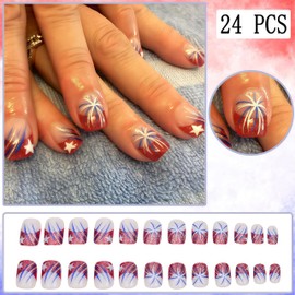 4th of July Fireworks Press on Nails Short Square Fake Nails Independence Day Glitter French Tips Stars False Nails Full Cover Glossy for Women Patriotic Nails Decoration 24Pcs