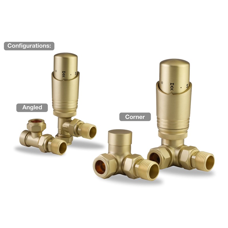 Brushed Brass Thermostatic Radiator Valve Angled TRV Corner Radiator Thermostat