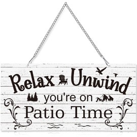 10 x 5 Inch Patio Wall Decor Hanging Wall Art Metal Plaque Signs Vintage Balcony Decor Retro Patio Accessories Relax Unwind You're on Patio Time with Chain for Home Pub (Black Words with White Base)