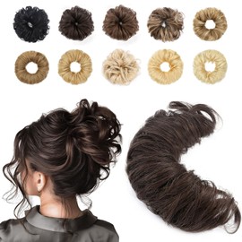 Messy Hair Scrunchies Bun Extensions Curly Wavy Ponytail Hair Pieces for Women #2 Dark Brown Elastic Donut Chignons Accessories 32g
