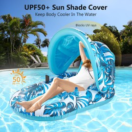 Inflatable Pool Float with Canopy - Comfort Reclining Lounge, Sun Shade & Cup Holders | Portable UV Protection Raft for Summer, Anti-Leak Design Pool Float Lounger for Adults for Travel Beach Pool