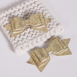 2pcs Glitter Gold Hair Bows Alligator Clip 4-Inch Sparkly Christmas Faux PU Leather Bow Cheer Barrettes Hair Pins for Toddler Teen Girls Kids Birthday New Year Holiday Gift