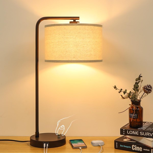 Tall Table Lamp with USB C+A Ports, Fully Stepless Dimmable