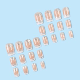 Hkanlre Square Press on Nails Nude Shiny Fake French Nails Tips Full Cover Bling False Medium Nails for Women and Girls 24PCS