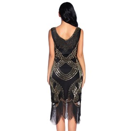 Women's 1920s Gatsby Dress V Neck Sequin Beads Cocktail Flapper Dress (S,Gold)