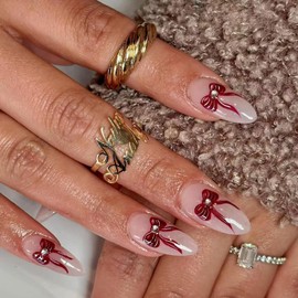 ZRETHFB 24Pcs Almond Shape Gel Bow Nails with Diamond Designs - Red, Full Cover, Press-On False Nails - 24pcs Set, 24pcs Jelly Glue, 1pcs Wood Stick, 1pcs Nail File