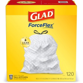 Glad Trash Bags, Tall Kitchen Drawstring Garbage Bags, 13 Gallon White Trash Bag for Kitchen Trash Can, Unscented, 120 Count
