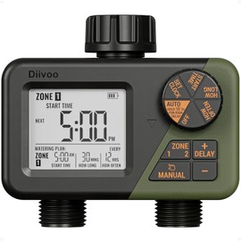 Diivoo Temporizador de Riego 2 Zonas, Programable para Manguera 2 Salidas, Sistema de Riego Automático Impermeable IPX5 con Retraso por Lluvia/Modo Manual para Jardín, Césped, Piscina