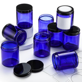 Norme 12 Pcs 8oz Thick Glass Jars with 24 Plastic Metal Lids Empty Candle Making Glass Jars with 24 label Airtight Food Storage Containers with Inner Liners Lid for Candle Lotions Creams(Blue)