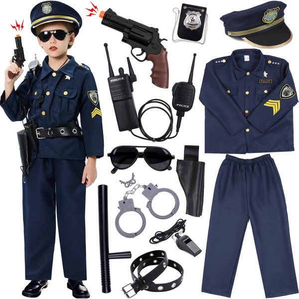 Police Costume, Children with Police Equipment, Police Shirt, Trousers, Police Hat, Handcuffs, Police Badge, Belt, Sunglasses, Walkie Talkie, Police Toy for Boys, Halloween, Carnival