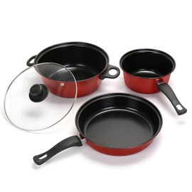 Non-Stick Cookware Set, 4 Piece Set Portable Lightweight Cast Iron Pots and Pans with Glass Lids and Nylon Utensils for Outdoor Camping Picnic Travel