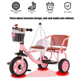 Kids Trike Bike Stroller- Double Tricycle Easy for Toddler with Removable Push Handle,Safety Harness,High Carbon Steeltrike Frame,Boys and Girls Ages Year Old,Pink