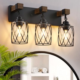 Farmhouse Bathroom Light Fixtures, 3 Light Bathroom Vanity Light with Metal and Glass Lampshade, Wood Rustic Lighting Fixtures Over Mirror, Black Wall Sconces for Living Room, Bedroom