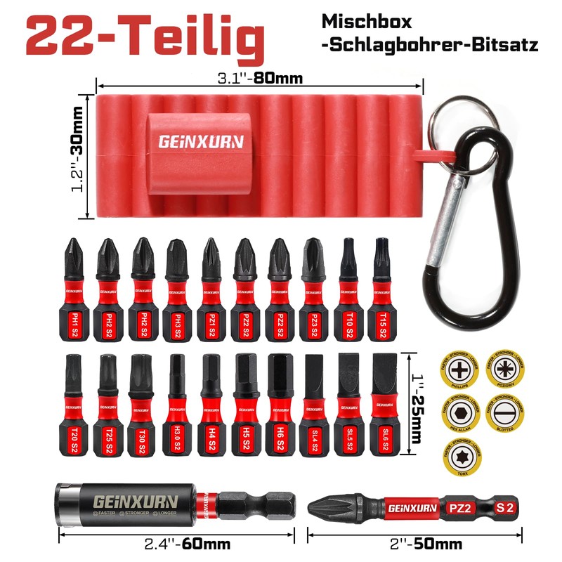 Geinxurn Mixing Screwdriver Bit Set 22 Pieces, Pozidriv Phillips Torx