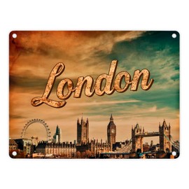 London Skyline Metal Sign in 15 x 20 cm - London with Big Ben London Eye Tower Bridge and Panoramic View in Gold Accents