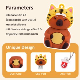 leizhan 32GB USB 2.0 Flash Drive USB Stick Funny and Cute Cartoon Styling Capybara - Tiger Hat