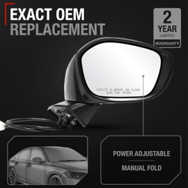 Passenger Side Mirror Replacement - Compatible with 2022-2024 Honda Civic - Powered Adjustment, Manual Fold, Convex Glass - Smooth Black, 8H3P - OEM 76208T20A01, 76208T20A02, 76201T20, HO1321350