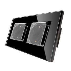 CNBINGO Glass Schuko Socket Flush-Mounted - with Waterproof Lid and Glass Frame - Wall Socket Double in Black - Suitable for Washrooms, Kitchens