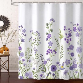 Purple Floral Shower Curtain, Flower Lilac Lavender Wisteria Flower Plant Spring Wildflower Shower Curtain Set, Watercolor Waterproof Fabric Bathroom Decor Accessories with Hooks 72 x 72 Inch